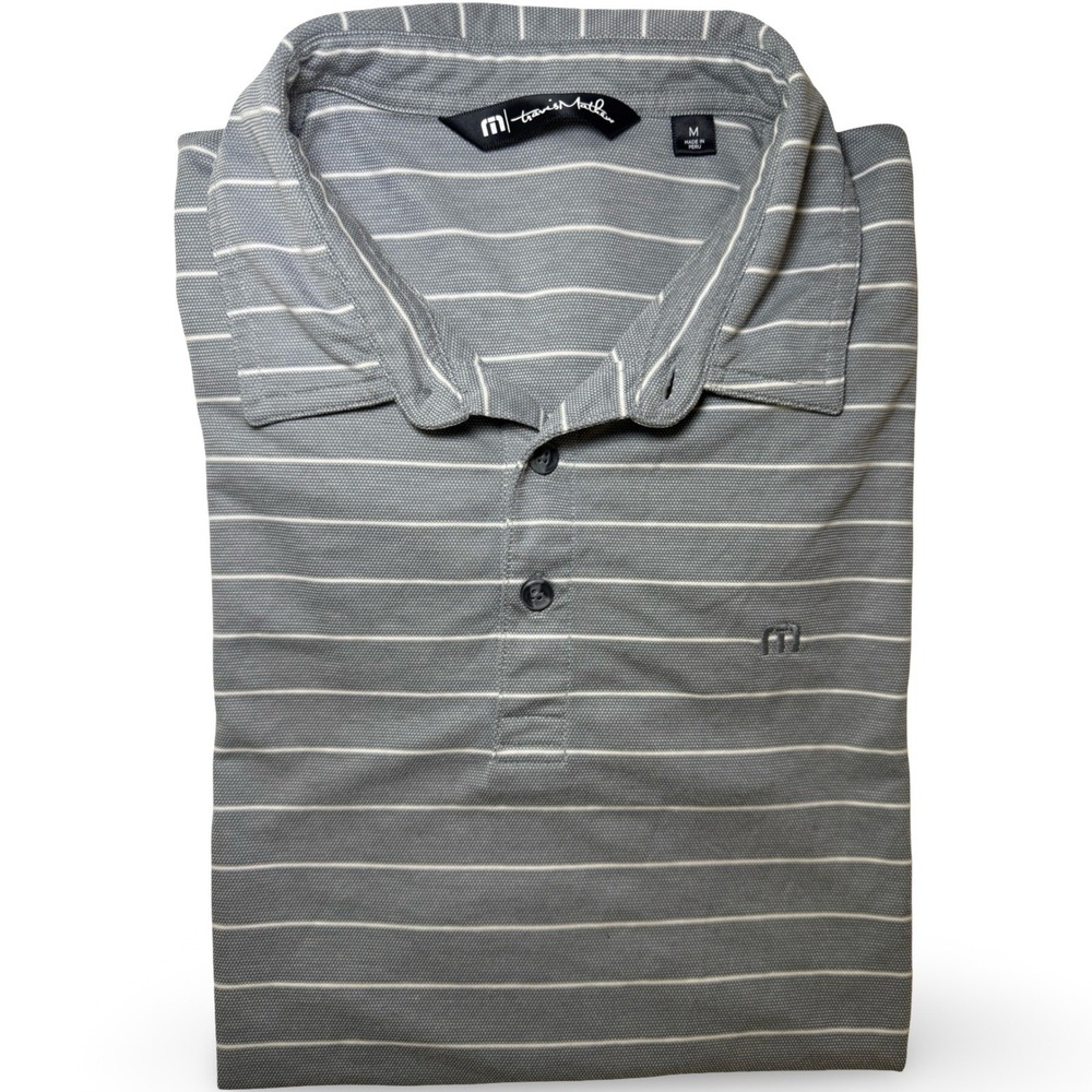 TravisMathew Mens Polo Shirt Medium Gray White Striped Short Sleeve Golf Top